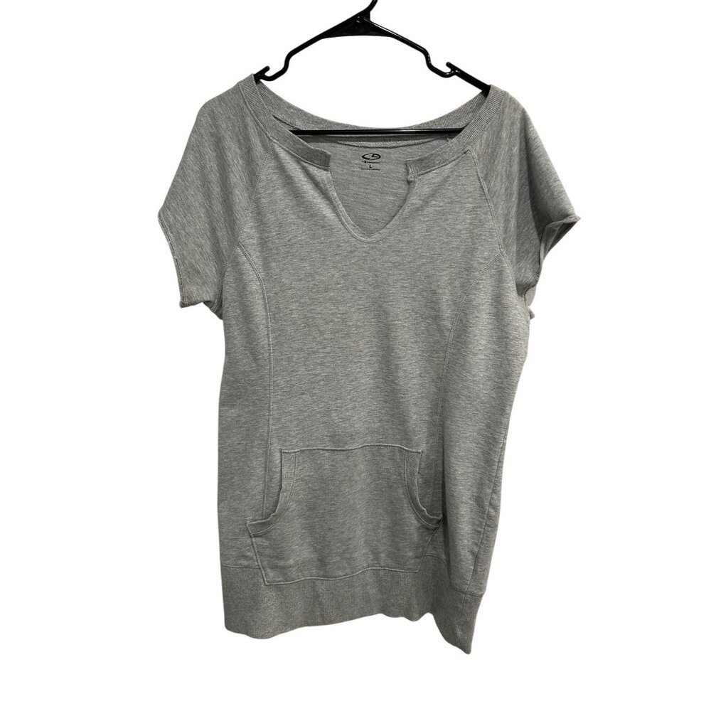Champion Gray Front Pocket Notched Neck Short Sleeve Tunic Top  Size L Casual